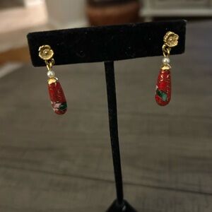 Orange Glass Cloissone One Inch Drop Artisan Earrings